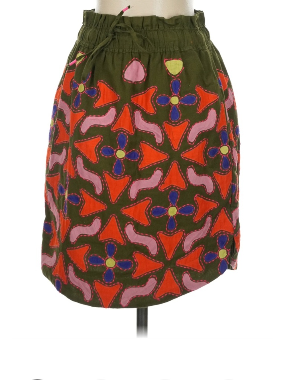 Anthropologie Olive Green Mini Skirt with Red, Pink & Blue Embroidery